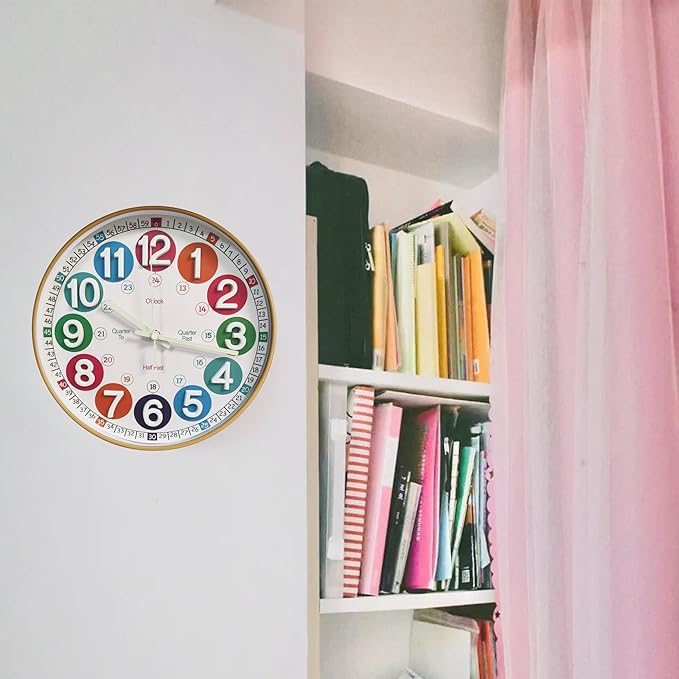 Learning Time Clock for Kids,12 Inch 3D Numbers Colorful Clock Face Silent Clocks，Bedroom,Kitchen,Classroom,Décor at School, Clear Digital Wall Clock for Kids Room (3D Wood Color Luminous)