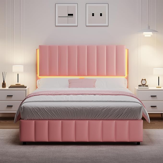 Queen Bed Frame with Headboard and LED Lights, Modern Upholstered Faux Leather Platform Bed with Wooden Slats Support, No Box Spring Needed, Easy Assembly, Pink