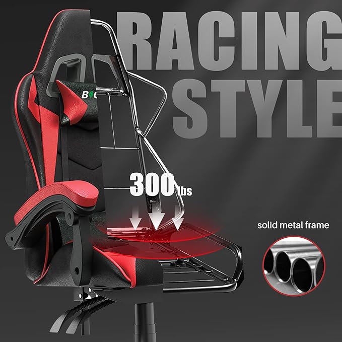 Gaming Chair High Back, Ergonomic Computer Gamer Chair with Headrest and Lumbar Support, Racing Style Reclining Game Chair for Adults, Kids (Red-Black)
