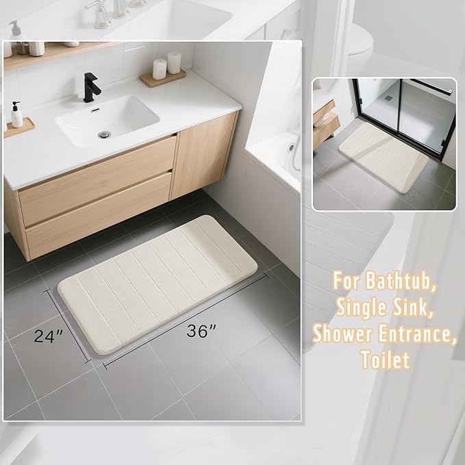 Yimobra Large Bath Mat 36"x24", Super Soft Quick Dry Memory Foam Bathroom Rug, Water Absorbent, Non Slip Backing Machine Washable for Tub Shower, Thick Comfort Support, Cream