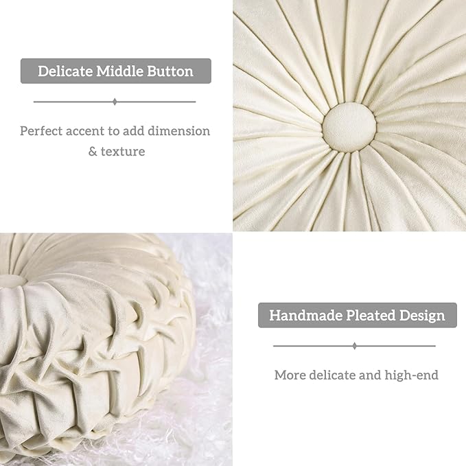HIG Set of 2 Decorative Round Pleated Throw Pillows,Classy Accent Pumpkin Throw Pillows with Center Button,Vintage Velvet Floor Pillows for Sofa Vanity Chair Bed, Beige,14.6" Diameter(Ripple)