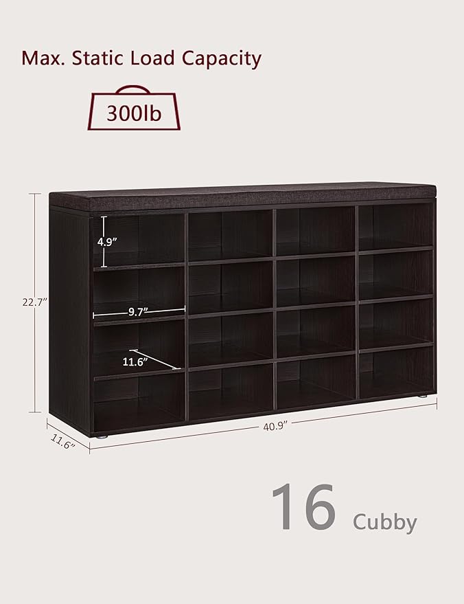 DINZI LVJ Shoe Storage Bench with Cushion, 16-Cubby Shoe Rack, Adjustable Shelves, Multifunctional Shoe Organizer Bench for Entryway, Mudroom, Hallway, Living Room, Bedroom and Garage, Espresso