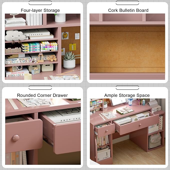 Pink Wooden Kids Desk and Chair Set,Kids Study Table and Chair Set with 4 Storage Open Shelves,Kids Study Desk with 2 Drawers & 4 Cabinet,Girls Study Desks for Kid with Hutch for Bedroom-Jcp9pn