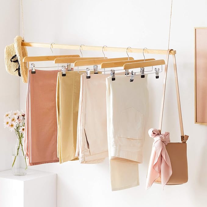 SONGMICS Wooden Pants Hangers 8 Pack, Pants Hangers with Adjustable Anti-Rust Metal Clips, 360° Swivel Hook, Skirt Hangers for Pant, Skirts, Natural Grain UCRW008-8