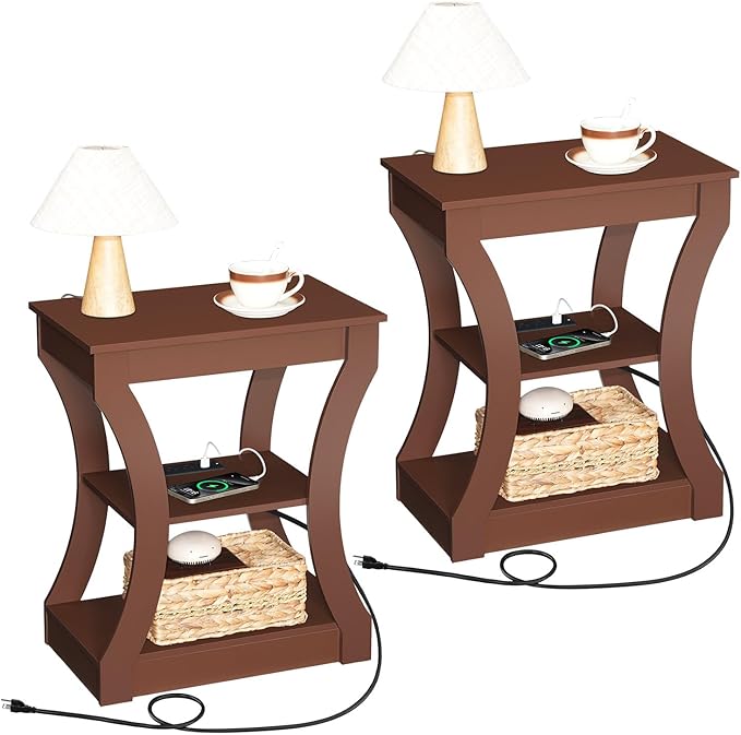 End Table with Charging Station, Set of 2, Side Table with USB Ports and Outlets, 3 Tier Nightstand with Storage Shelf for Small Spaces, Living Room, Bedroom, Cherry ETWA53E01S2
