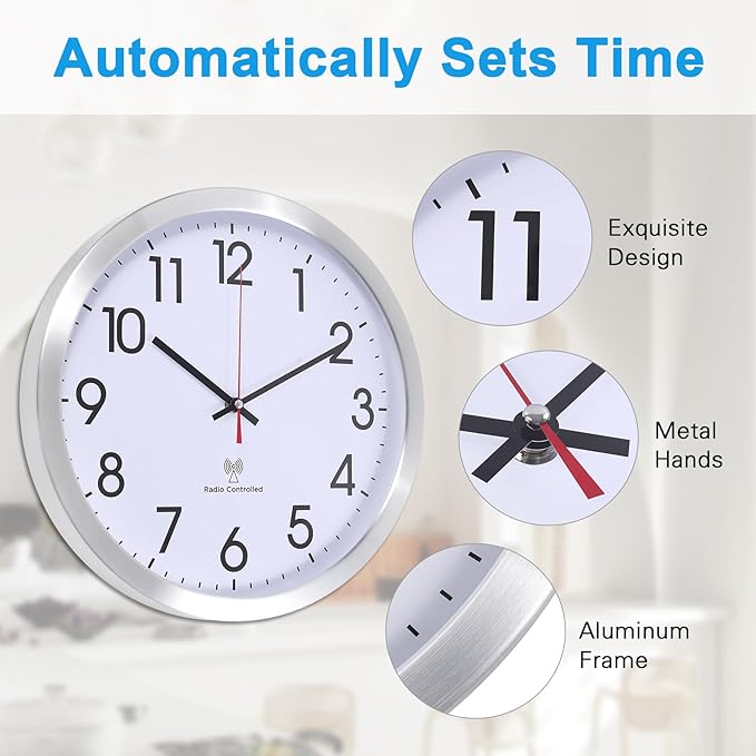 Atomic Analog Wall Clock, 14Inch Radio Controlled Sets Automatically WallClock, Aluminum Frame Wall Clock for Home School Office