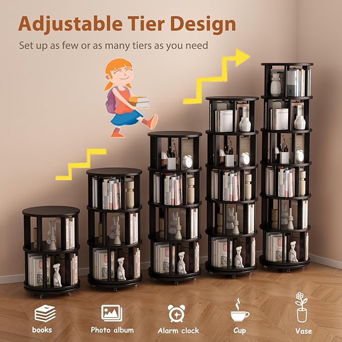 Solid Wood Rotating Bookshelf on Wheels, 6 Tier, Round Revolving Bookcase, 360° Spinning Book Shelf Tower for Kids, Narrow Rolling Bookshelves for Small Space, Corner, Bedroom, Office, Black