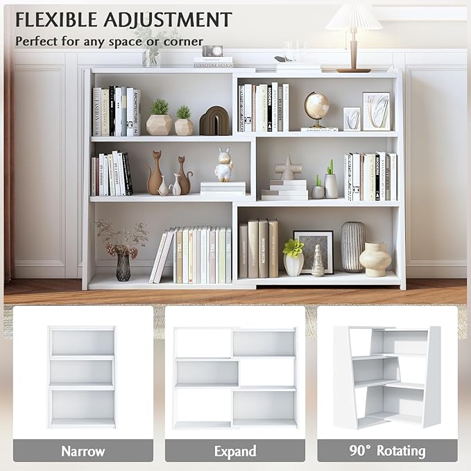 IOTXY Wooden Extendable Shelf Bookcase - 3-Tier Ladder Low Short Bookshelf for Small Space or Corner, White, L