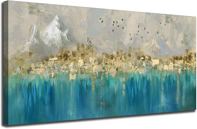 Arjun Teal Gold Abstract Wall Art Blue Turquoise Hand Painted Textured Painting Canvas Modern Grey Artwork Wooden Framed for Living Room Bedroom Bathroom Home Office Wall Decor, Extra Large 58"x29"