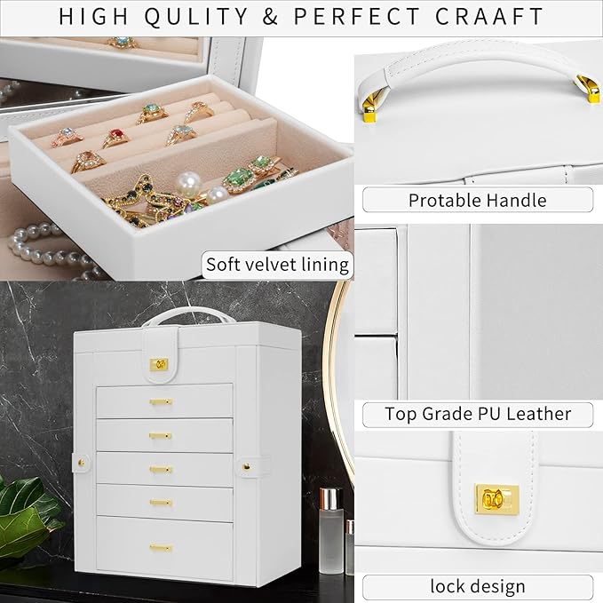AKOZLIN Functional 6-Tier Jewelry Box Organizer with 5 Drawers Leather Jewelry Storage Case for Women Girls Ring Necklace Earring Bracelet Holder Organizer with Mirror White