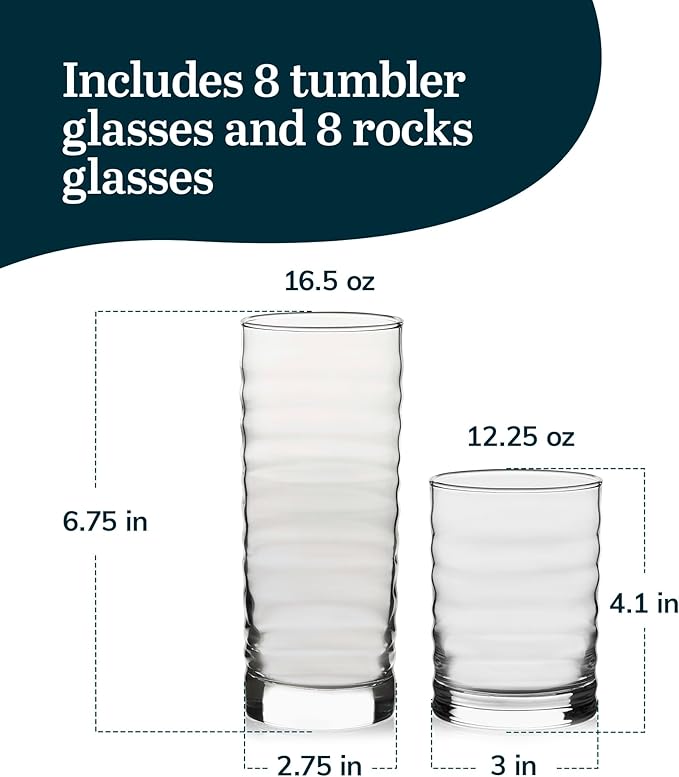 Libbey Pueblo Tumbler and Rocks Glass Set, Wavy and Groovy Drinking Glasses Set, Dishwasher Safe Glasses Drinking Set of 16 for Everyday Family Meals