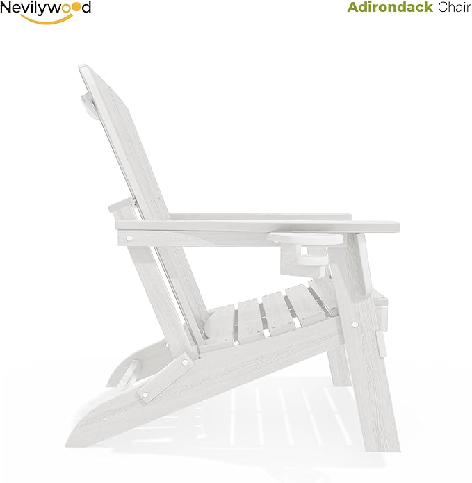 nevilywood Folding Adirondack Chair - Extended Ergonomic Backrest, Cup Holder - Easy Assembly - Durable HDPE Plastic, Weather Resistant & Maintenance-Free - Lawn, Patio, Deck Supports 380lbs White