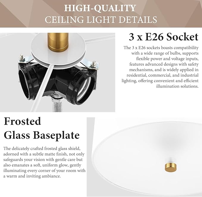 13" Semi Flush Mount Ceiling Light Fixture, 3-Light Gold Drum Light Fixture, Modern Close to Ceiling Light with White Fabric Shade Lamps for Bedroom Living Room Kitchen Hallway Entryway