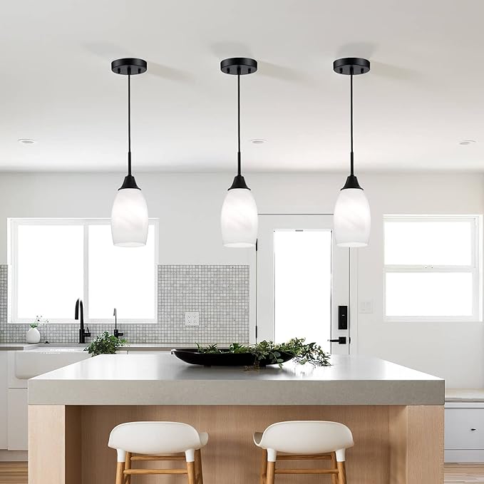 Mini Glass Pendant Light,4.72" Black White Hanging Lights 3-Pack Handblown White Oval Art Glass Hanging Pendant Light for Kitchen Island,Dining Room,Living,Foyer,Hallway, Entry