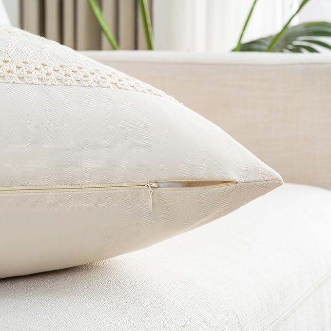 Fancy Homi Set of 2 Boho Cream Decorative Throw Pillow Cover 20x20 Inch for Couch Bed Sofa, Aesthetic Modern Organic Farmhouse Home Decor, Soft Cotton Cute Accent Macrame Woven Cushion Case