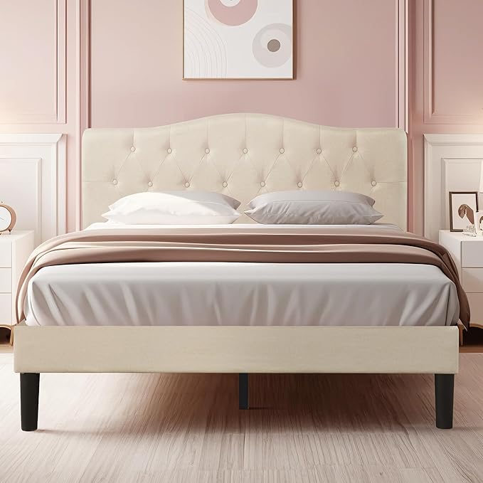 VECELO Full Size Bed Frame Upholstered Platform with Tufted Adjustable Headboard/Mattress Foundation with Wood Slat Support, Easy Assembly,Beige