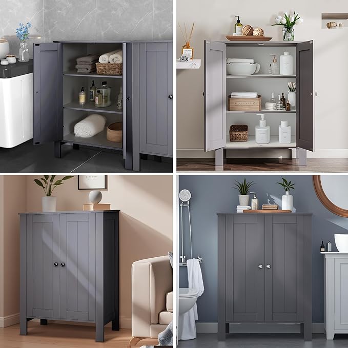 Bathroom Cabinet, Modern Bathroom Floor Storage Cabinet, Freestanding Organizer with Adjustable Shelves & Double Doors, 3-Tier Home Living Room Furniture