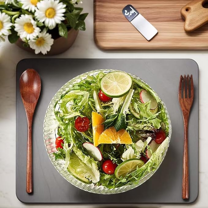 Glass Salad Bowl with Bamboo Base-4QT Party Serving Set with Utensils, Durable Calcium Glass & Rustic Wood Stand for Entertaining, Dishwasher-Safe Fruit Vegetable Mixing Bowl