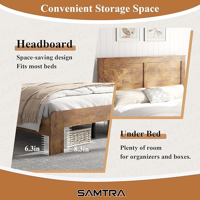 Wooden Bed Frame Full Size with Headboard, Farmhouse Platform Bedframe with Wood Slat Support, Sturdy Framework Bed Frame, Easy Assembly (Rustic Brown)