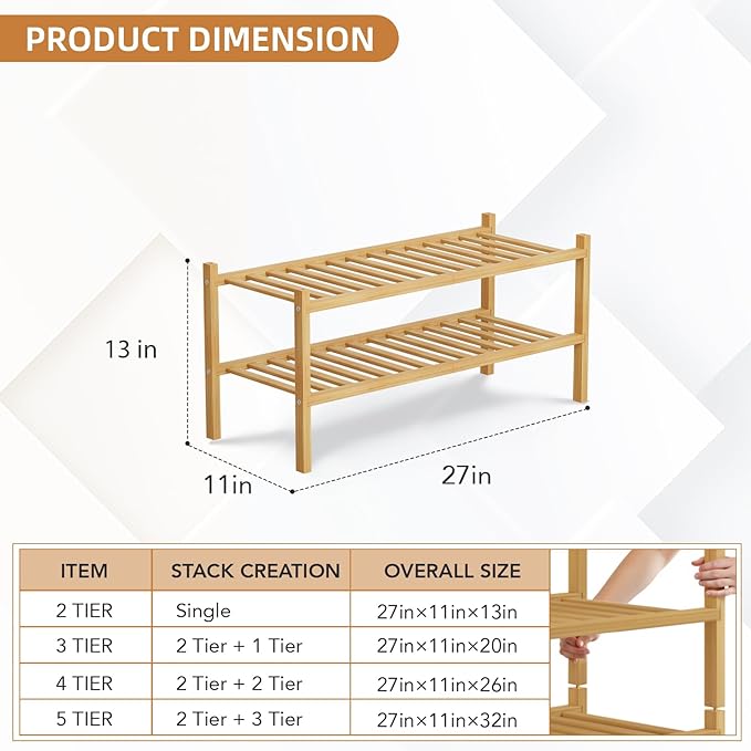 2 Tier Bamboo Shoe Rack Storage Organizer for Closet, Multifunctional Stackable Free Standing Shoe Shelf Organizer for Small Space,Entryway,Hallway,Bathroom 27"x11"x13"(Natural, 2 Tier)
