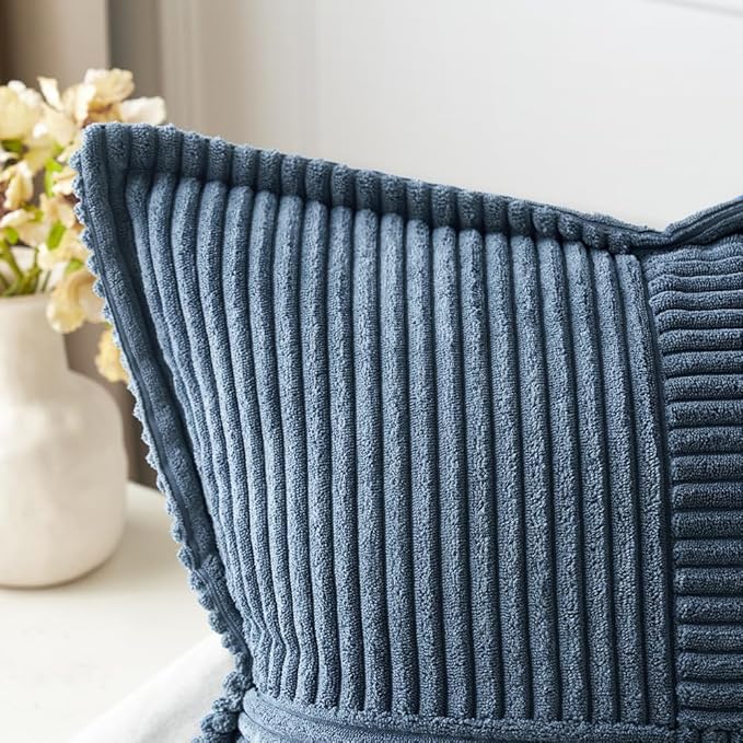 MIULEE Decorative Lumbar Throw Pillow Covers for Couch Bed Livingroom 14x22 Inch Set of 2 Blue Boho Accent Throw Pllows Broadside Striped Patchwork Soft Corduroy Summer Coastal Pillowcases