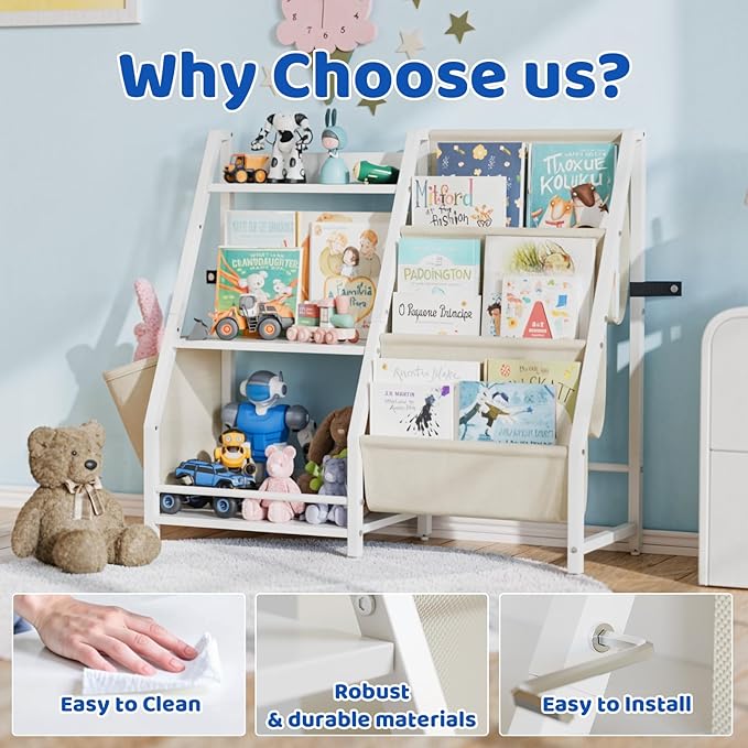 Kids Bookshelf and Toy Organizer, 3 Tier Bookshelf for Kids, Montessori Bookcase Book Shelf Rooms, Bedroom, Playroom, Nursery, Toy Storage Organizer with Bookshelf (White)