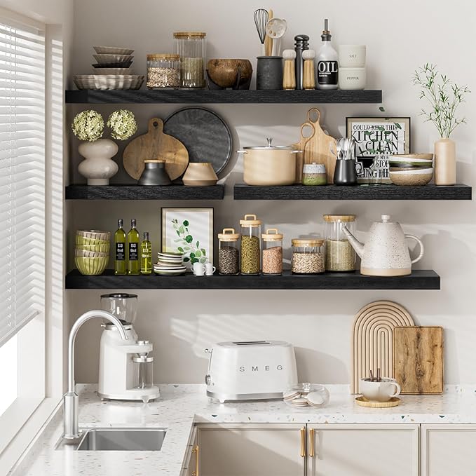 Heimlove 48W x 12D Long Floating Shelf, 12 Inch Deep Black Floating Shelves for Wall Set of 2, Wood Shelves for Bedroom Living Room Bathroom Kitchen Home Office, Wall Shelves with Heavy Duty Bracket