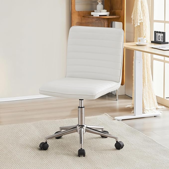 Furnimart Faux Leather Mid-Back Armless Office Desk Adjustable Task Chair Home Office Chair Small Swivel Chair Dorm Chair with Smooth Casters (PU White)