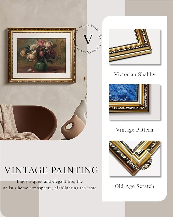 VIYYIEA Gold Framed Wall Art Canvas Print Home Decor Flower Art Vintage Botanical Prints Rustic Farmhouse Wall Decor Mid Century Art Prints Floral Room Decor Wall Pictures Living Room Bedroom 13x16in