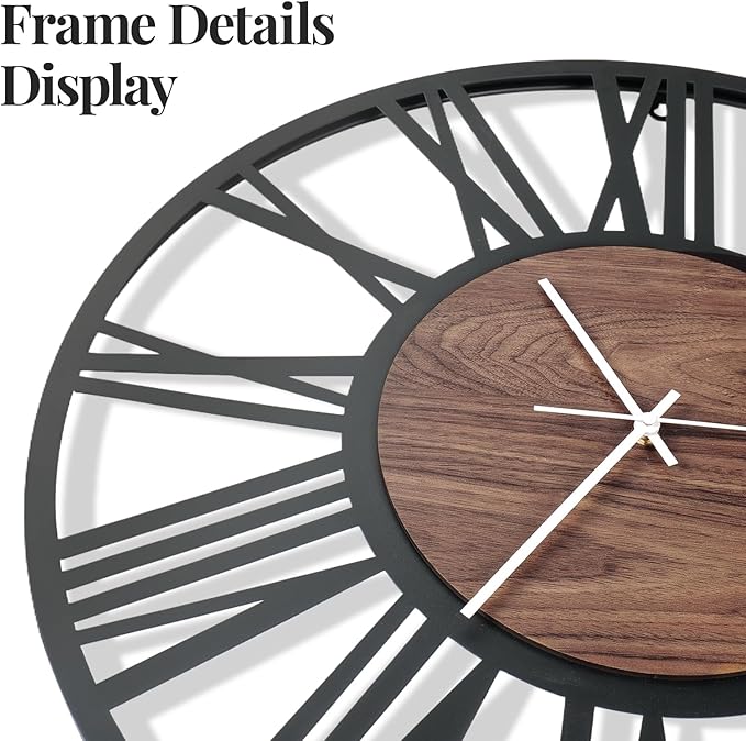 16 inch Wall Clock Battery Operated, Modern Wood Decorative Metal Wall Clock for Living Room, Non Ticking Silent Big Round Black Clocks, Bedroom, Kitchen, Farmhouse, Office Decor-Roman Numerals