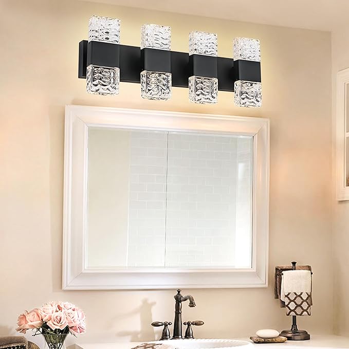 MELUCEE LED Bathroom Vanity Light 32W Crystal Vanity Light Bar 23.6 in Modern Black Bathroom Light Fixtures Crystal Wall Sconce for Bath Powder Room Entryway, 3000K Warm Lighting