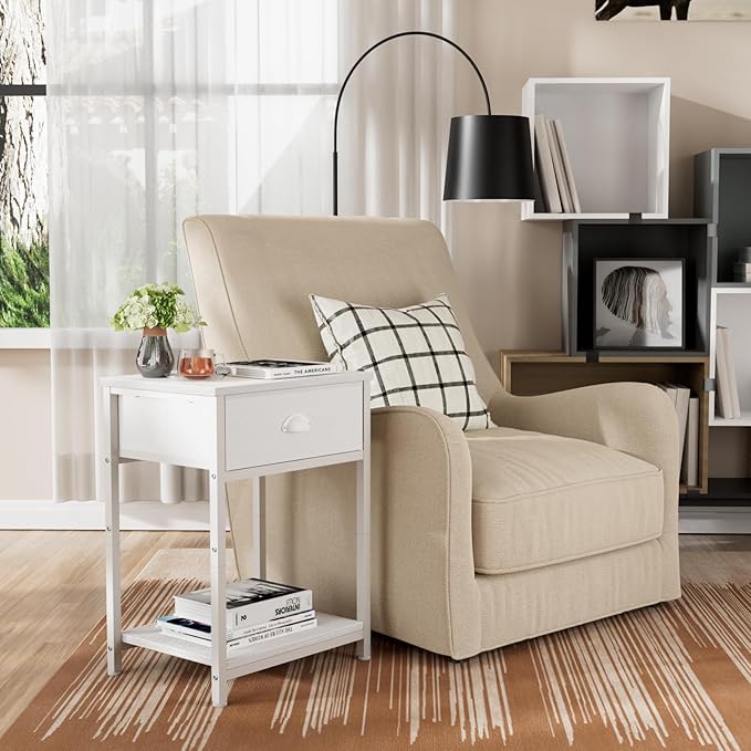 Furologee White Nightstand with Fabric Drawer, Small Side Table for Small Spaces, 2 Tiers Storage Shelves End Table, Night Stand for Living Room, Bedroom, Dorm