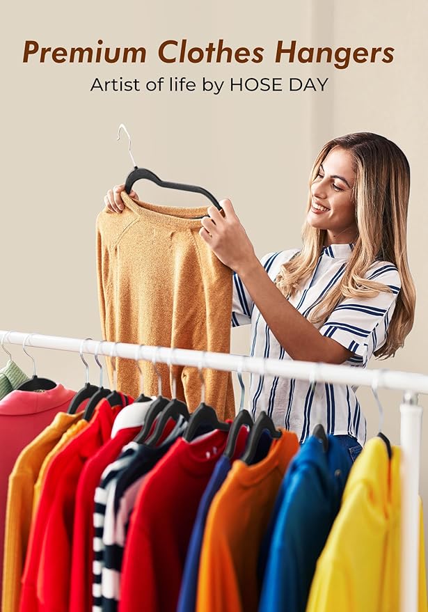 HOUSE DAY Black Velvet Hangers 50 Pack - Non Slip Felt Hangers Closet Essentials, Premium Space Saving Hanger, Gentle on Clothes, Sturdy Shoulder Design