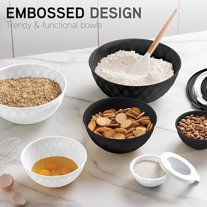 COOK WITH COLOR Mixing Bowls with Lids - 12 Piece Plastic Nesting Bowls Set includes 6 Prep Bowls and 6 Lids, Diamond Design - Microwave Safe (Mint)