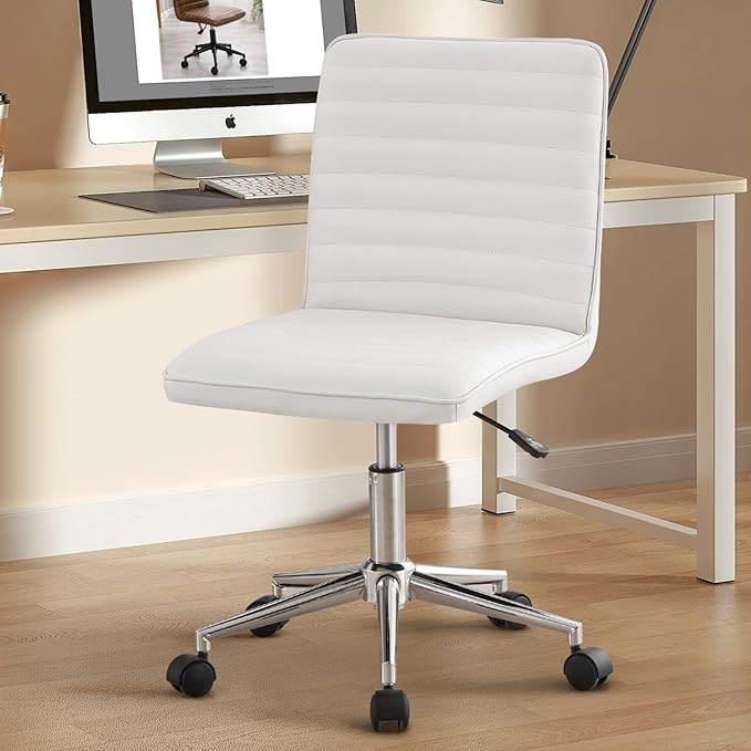 Furnimart Faux Leather Mid-Back Armless Office Desk Adjustable Task Chair Home Office Chair Small Swivel Chair Dorm Chair with Smooth Casters (PU White)