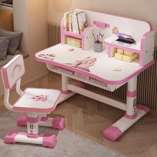 Kids Functional Desk and Chair Set, Height Adjustable Children School Study Table Chair Set with Cartoon Pattern, Ergonomic Desk Chair with Large Writing Board, Bookshelf and Book Bucket Pink