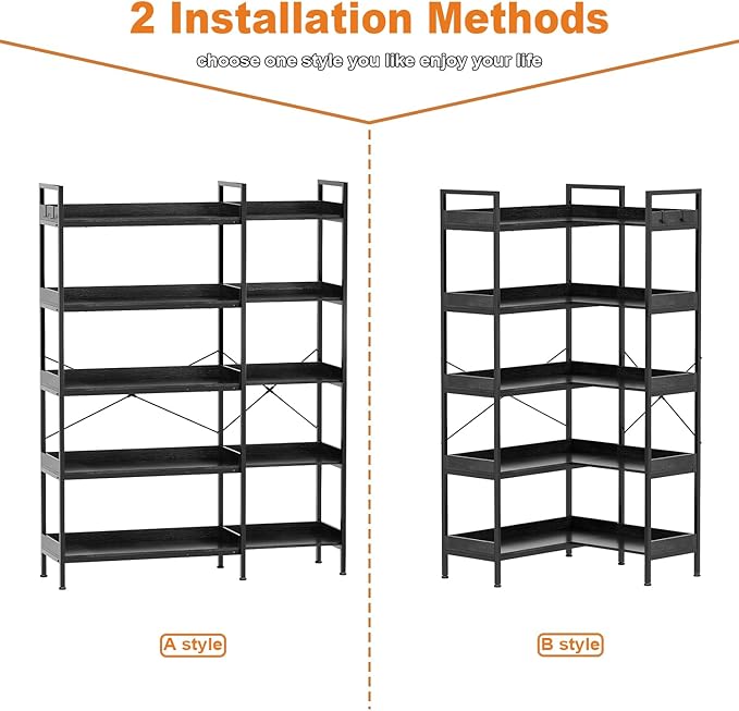KOUSEI 5-Tier L-Shaped Reversible Corner Bookshelf, 65" Black Industrial Wood & Metal Bookcase, Wide Open Shelves + 4 Hooks for Living Room/Bedroom/Home Office