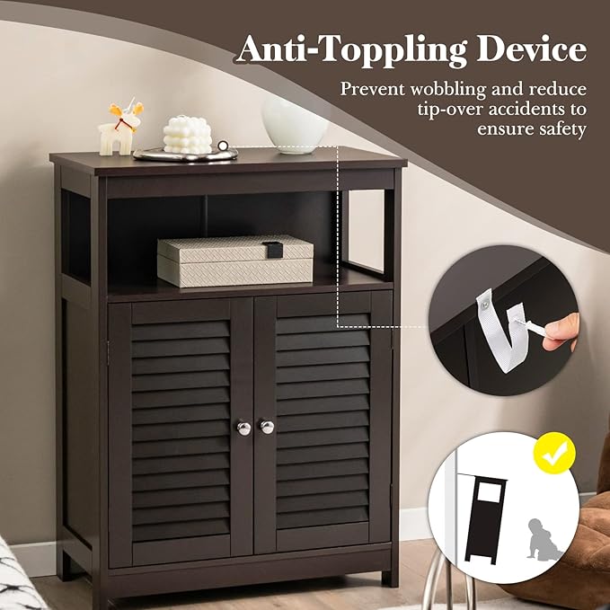 GLACER Bathroom Floor Cabinet, Wooden Storage Cabinet with Double Shutter Doors & 3-Position Adjustable Shelf, Side Storage Organizer, 23.5 x 12 x 31.5 inches (Espresso)