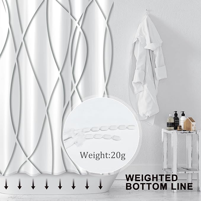 Punkray Grey Shadow Shower Curtain for Bathroom with Hooks, Shower Curtain Set Stripe Bath Curtains Decor White Shower Curtains Weighted Hem Washable, 72 x 72