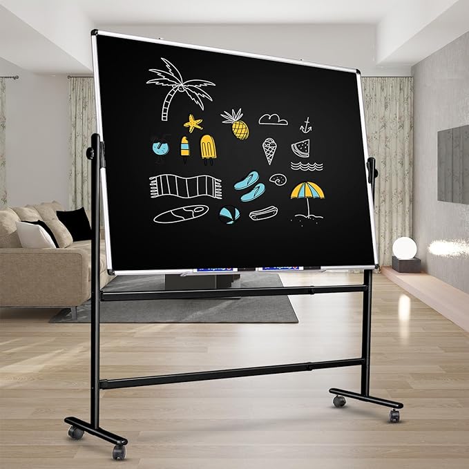 Mobile Dry Erase Blackboard 36 x 24, Magnetic Portable Black Dry Erase Board with Stand, Rolling Double Sided Chalkboard with Wheels - Easel Standing Black Board for Office, School & Home