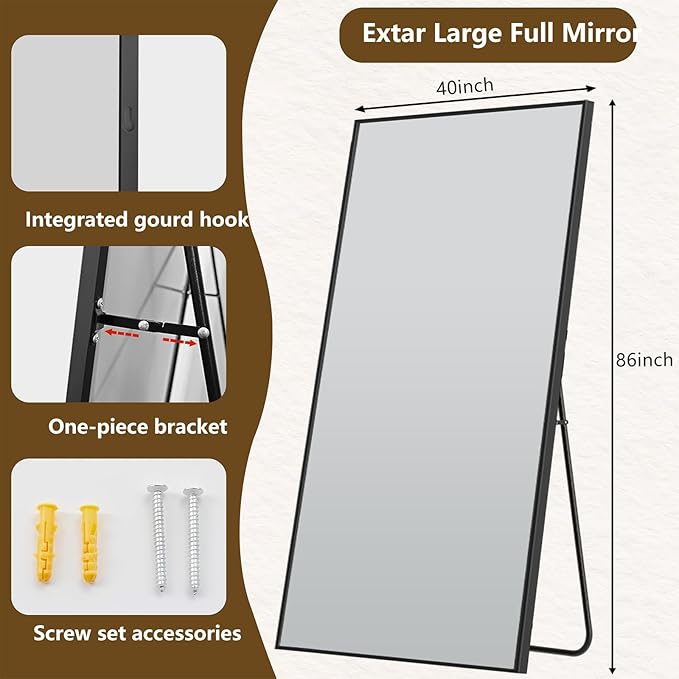 Koonmi 86"x40" Floor Mirror Full Length, Bedroom Floor Body Mirror with Stand, Large Black Mirror, Leaning, Standing or Hanging Horizontally/Vertically