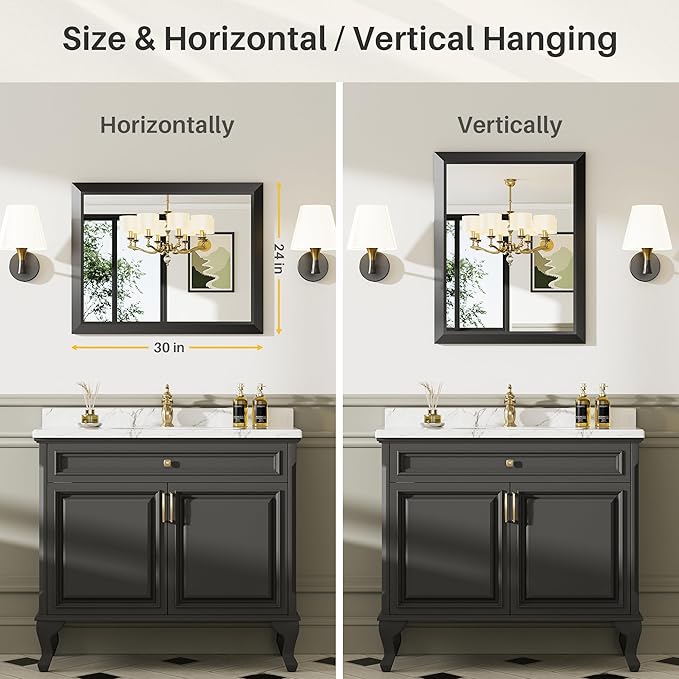 24x30 Inch Black Bathroom Mirror for Wall, Thick Metal Framed Rectangle Mirrors for Over Sink, Bedroom, Living Room, Entryway, Anti-Rust, HD Tempered Glass