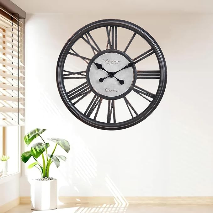 18 Inch Retro Black Wall Clock, Silent Non-Ticking Battery Operated Round Vintage Clock with Roman Numerals,Decorative Living Room, Kitchen, Bedroom Decor