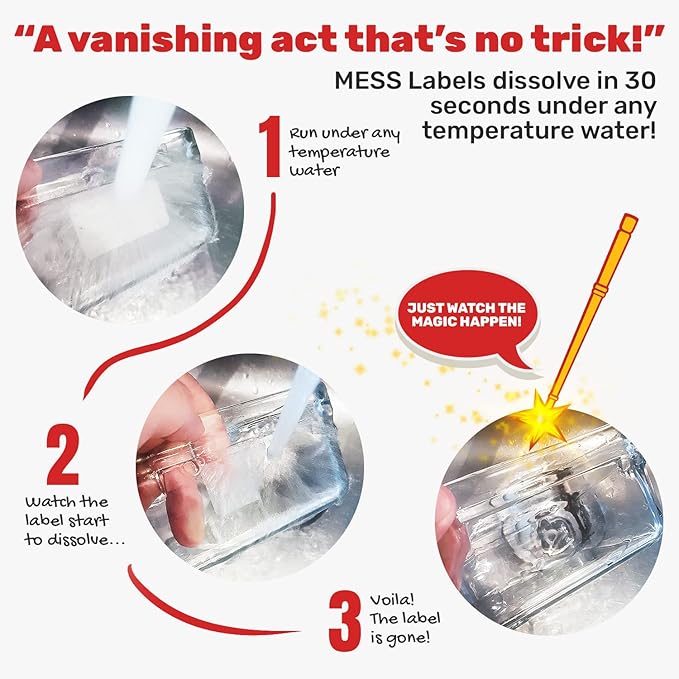 MESS Dissolvable Food Labels, Fill-in, 1x3 200/Roll - Dissolves in 30 Seconds or Less - Removable Pantry, Meal Prep & Food Storage Labels – Canning & Freezer Use