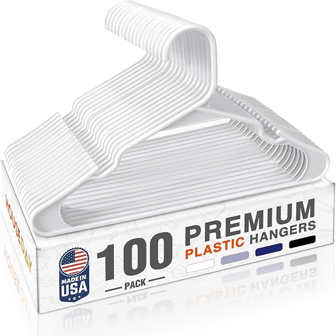 HOUSE DAY Plastic Hangers 100 Pack - Adult Clothes Hangers White - Space Saving, Non-Slip, Durable & Sturdy Hanger with Shoulder Grooves for Closet, Perfect Slim Coat Hanger - Ganchos para Colgar Ropa