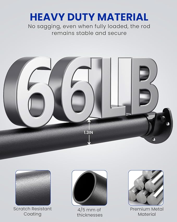 Closet Rods for Hanging Clothes, 17 to 159 Inches Stepless Adjustable Metal Closet Rod, 1.3 Inches Heavy Duty Clothes Hanging Rod for Closet Wardrobes Laundry RV