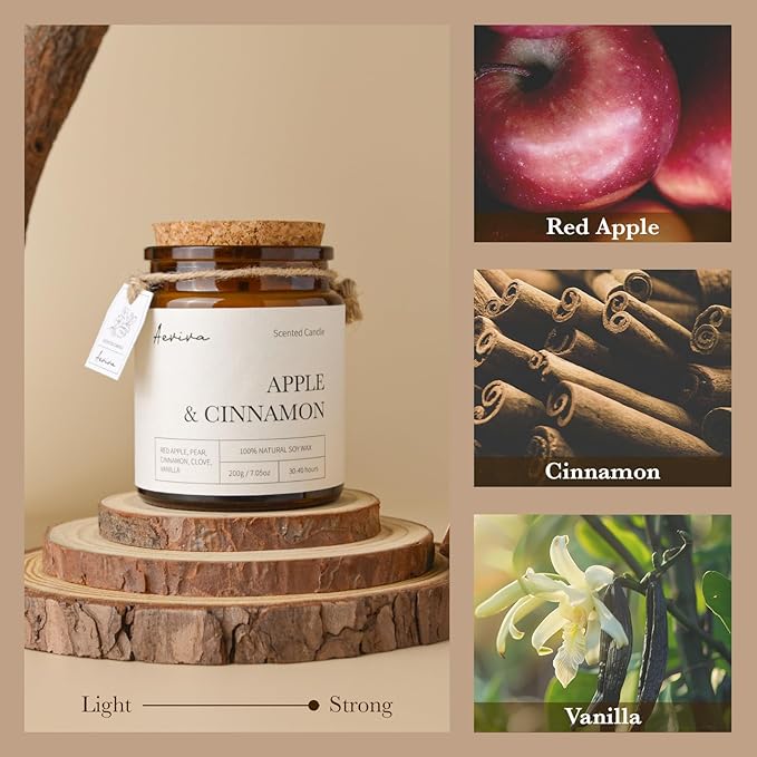Scented Candle, 7.05 oz Apple & Cinnamon Aromatherapy Candle, Natural Soy Wax with Wooden Wick, Candles for Home Scented, Stress Relief Amber Jar Candle Gifts