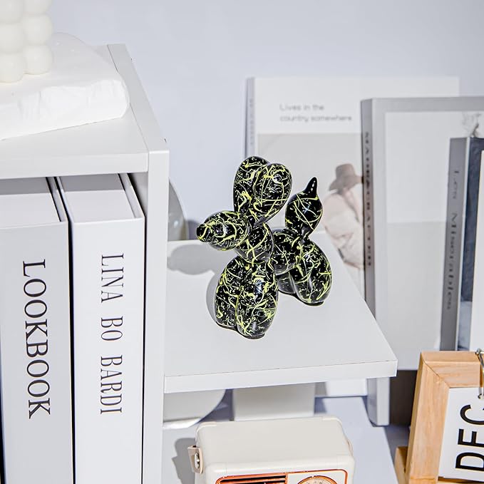 Creative Balloon Dog Statues Small Ceramic Animal Sculpture Modern Home Decor Living Room Desktop Decorations Bedroom Office Cabinet Ornament (Black-C)