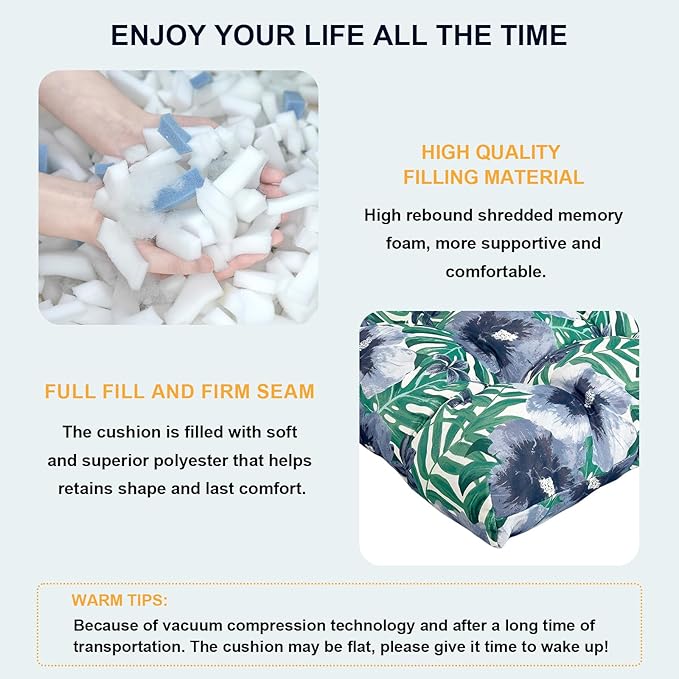 Set of 2 Outdoor Chair Cushions 19"x19"x4",Water Repellent Tufted Seat Cushions with Ties, Replacement Thick Chair Pads for Wicker Dining and Patio Furniture - Blue Salmone Tropical