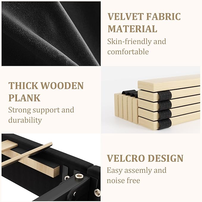 Full Bed Frame with Storage Drawers, Upholstered Full Size Platform Bed with 47" Tall Headboard and Wingboard, No Box Spring Needed, Noise Free, Easy Assembly, Wooden Support Slats, Black